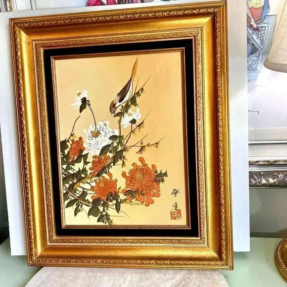 Vintage Royal Chinese Painting Bird Floral Scene Black Velvet Trim Gold Frame - Picture 3 of 15